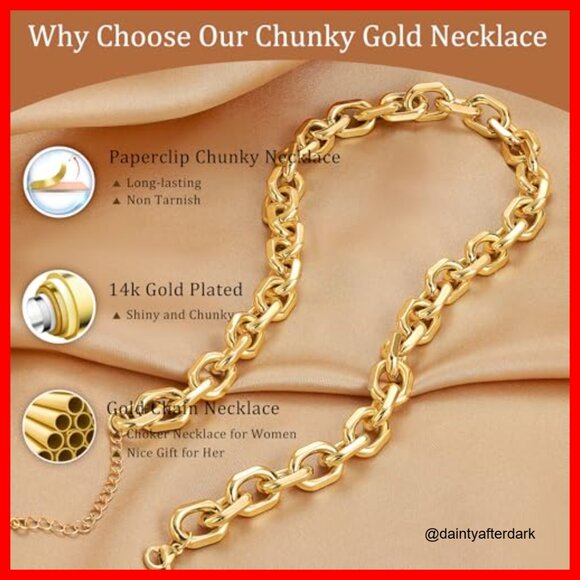 14K Gold Plated Chunky Paperclip Chain Necklace Waterproof Statement Choker - Picture 3 of 7